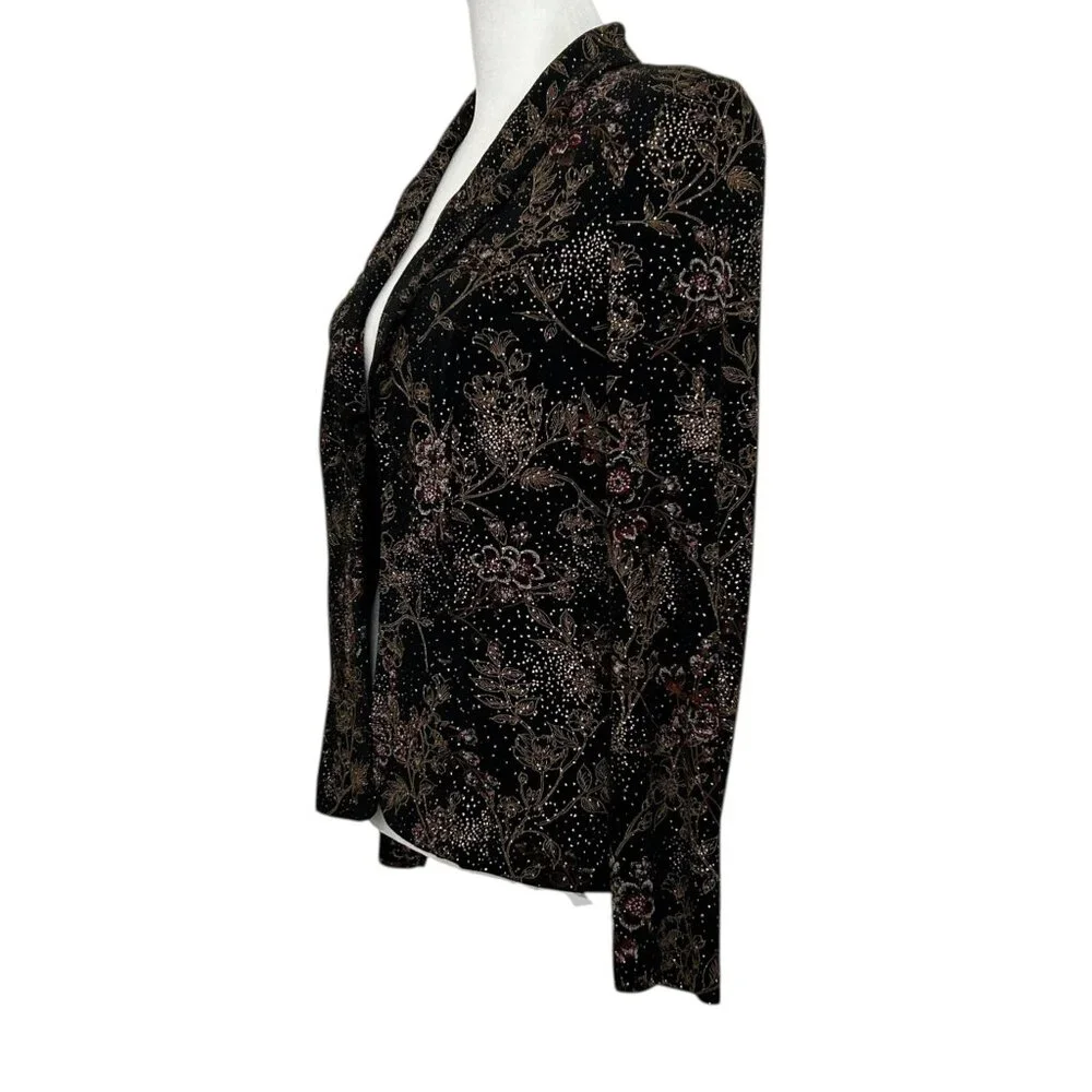 Alex Evenings Vintage Metallic Glitter Floral Design Open Front Jacket (S)